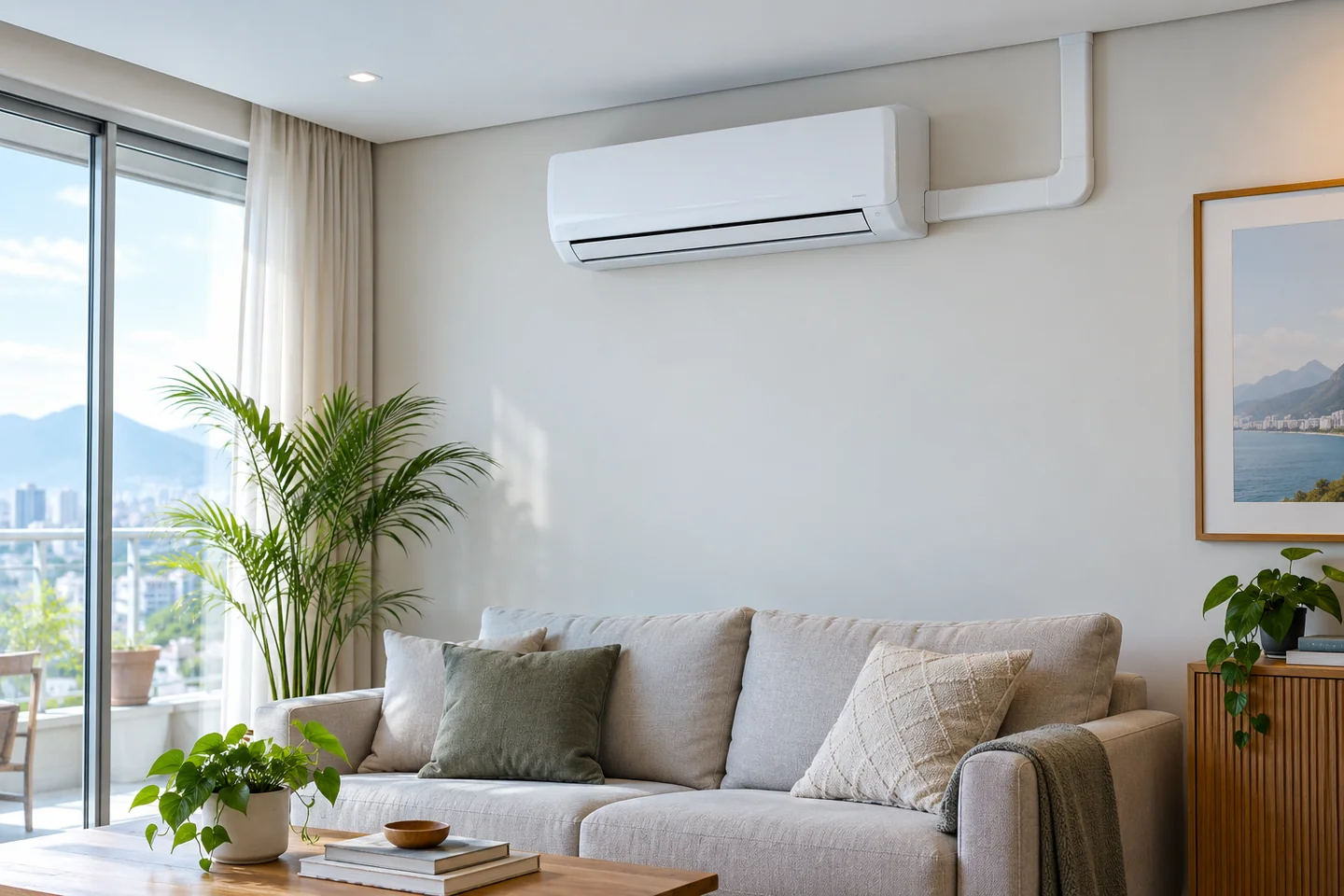 Ar-condicionado split instalado com acabamento limpo em ambiente residencial.
