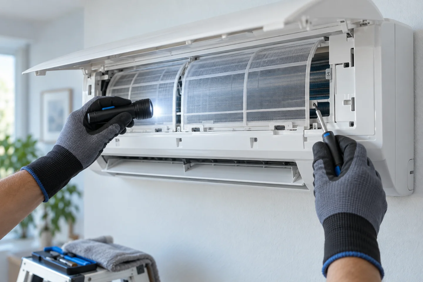 Inspeção preventiva de um ar-condicionado residencial.